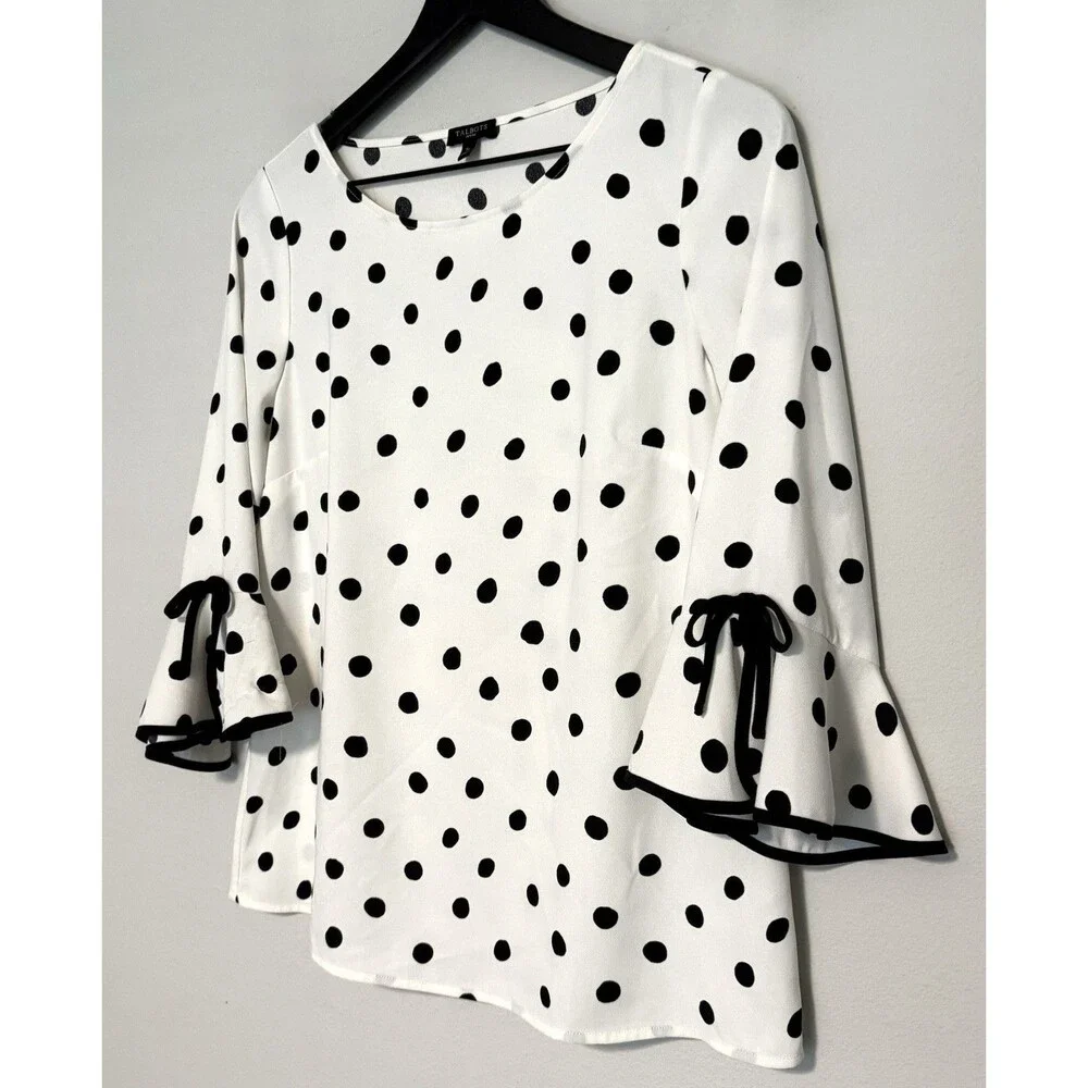 Talbots Petites Polka Dot Blouse Sz SP Ivory Black Bell Sleeve Capsule Career